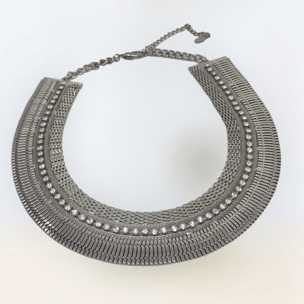 Ali-Khan Vintage Necklace Rhinestone Silver Plated Mesh Choker